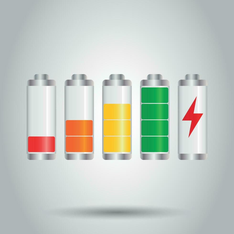 Set of battery charge level indicator. Vector illustration on gray background.