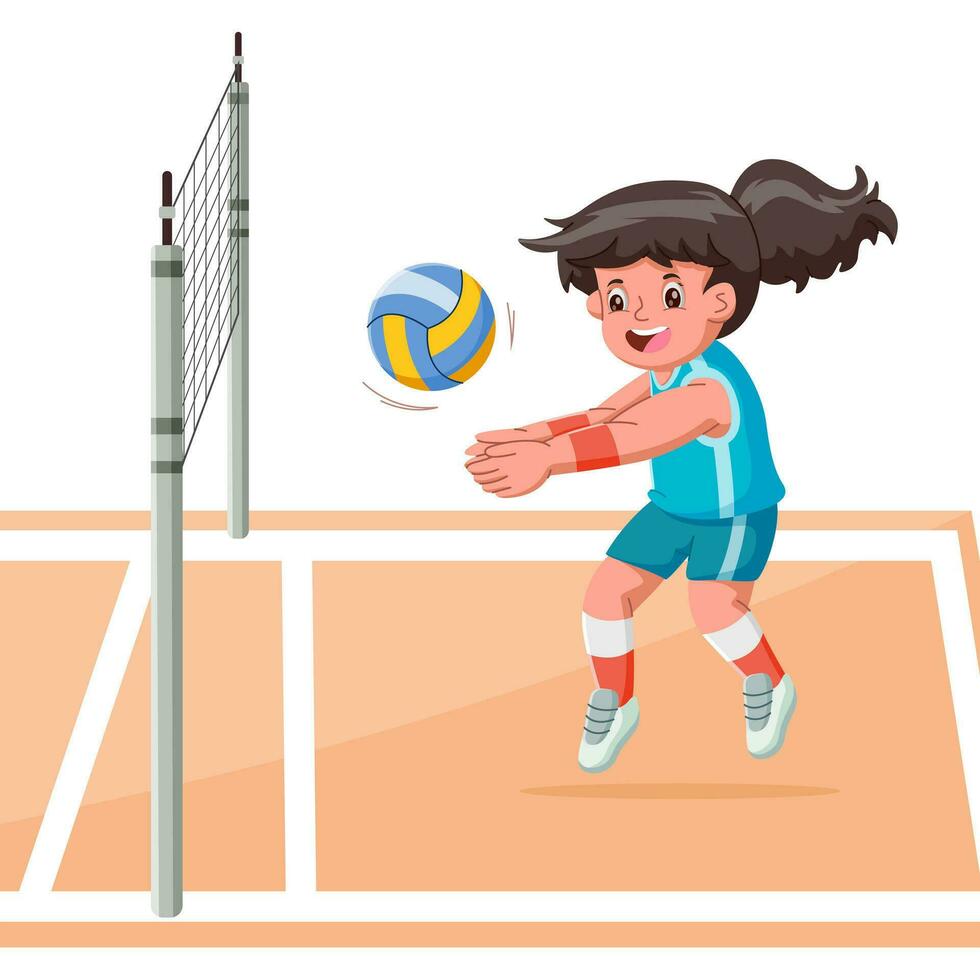 Happy cute kid girl playing volleyball in the field. Vector illustration