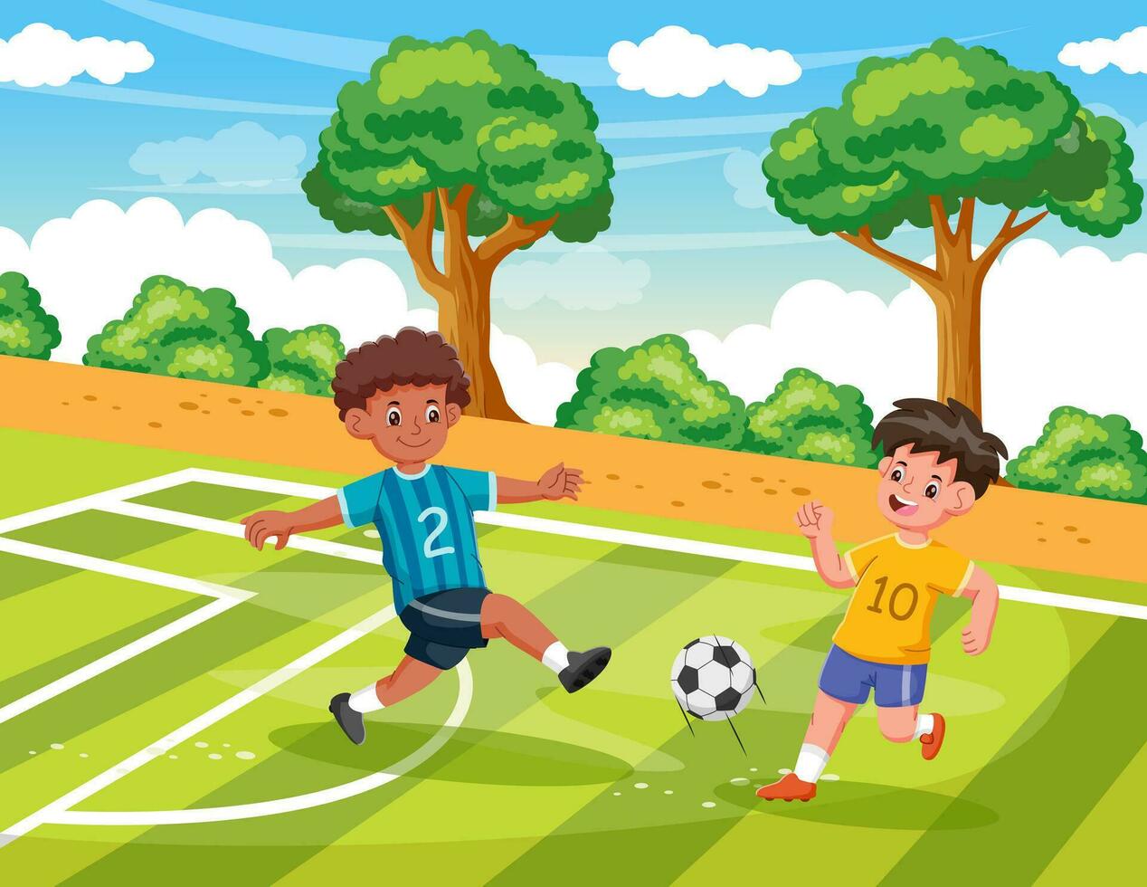 Boys playing football together, two happy little kids playing football. Vector illustration