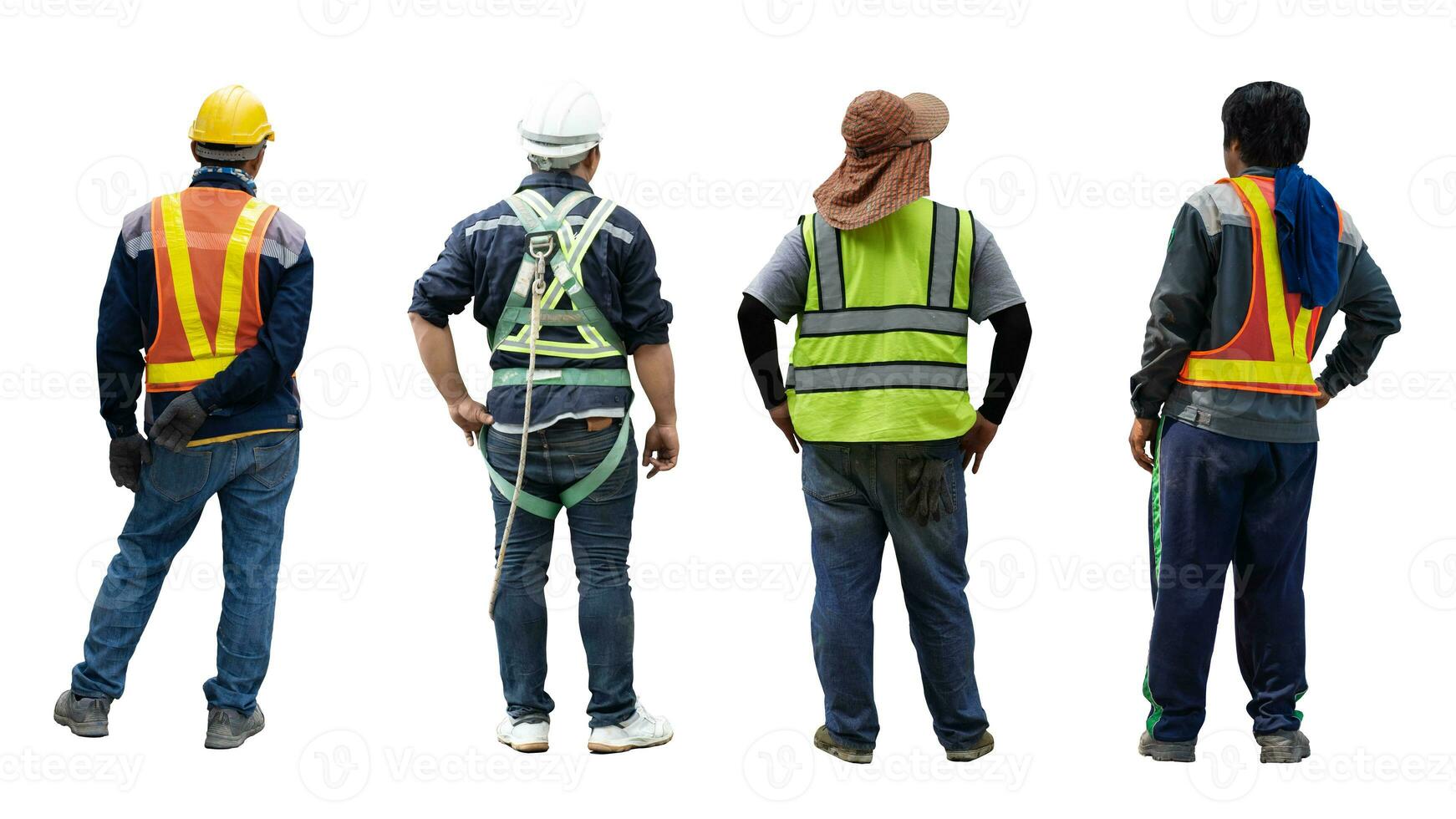 espalda ver de construcción trabajador en la seguridad chaqueta ,seguridad reflexivo chaleco y la seguridad casco. foto