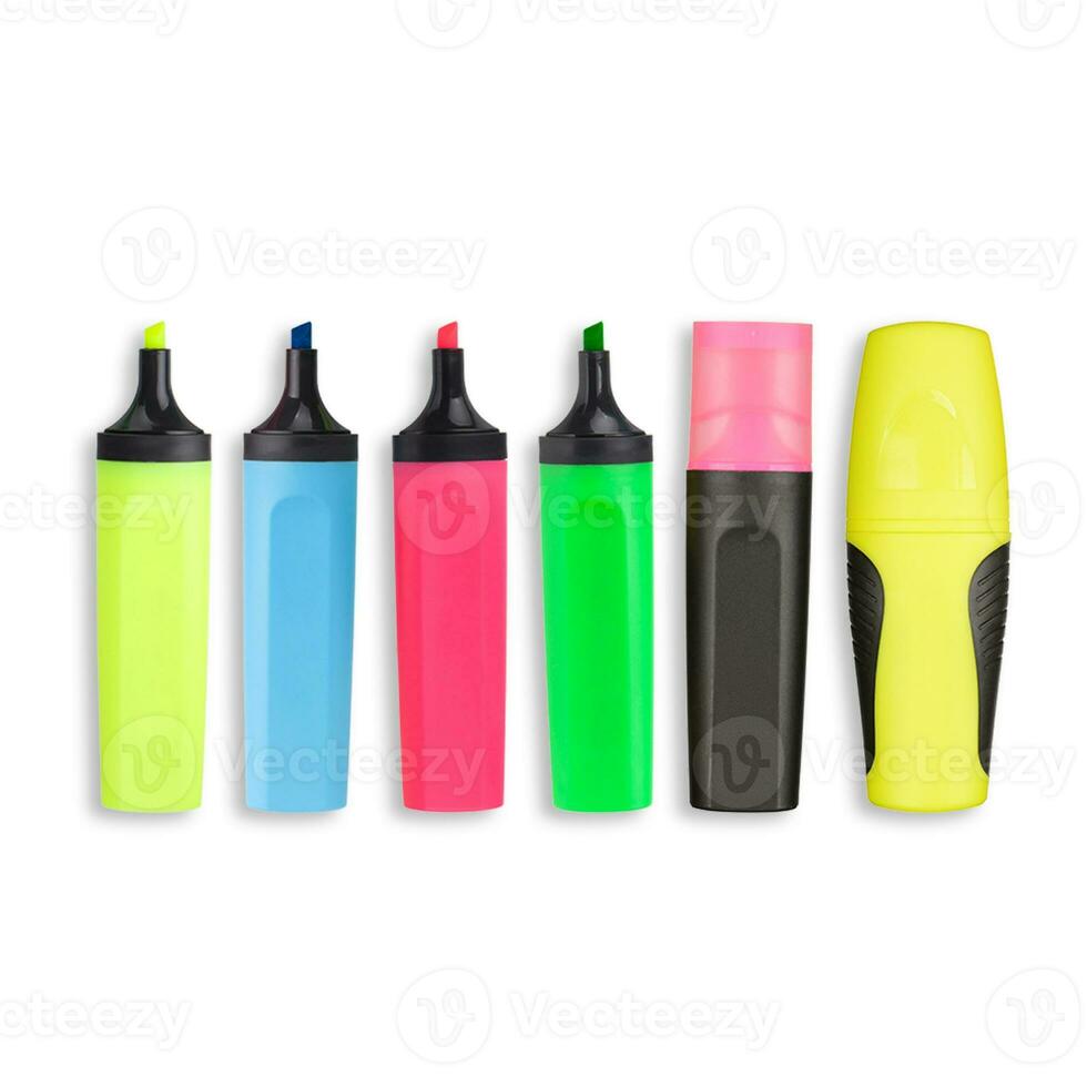 Set of highlighters on white background, flat lay concept. photo