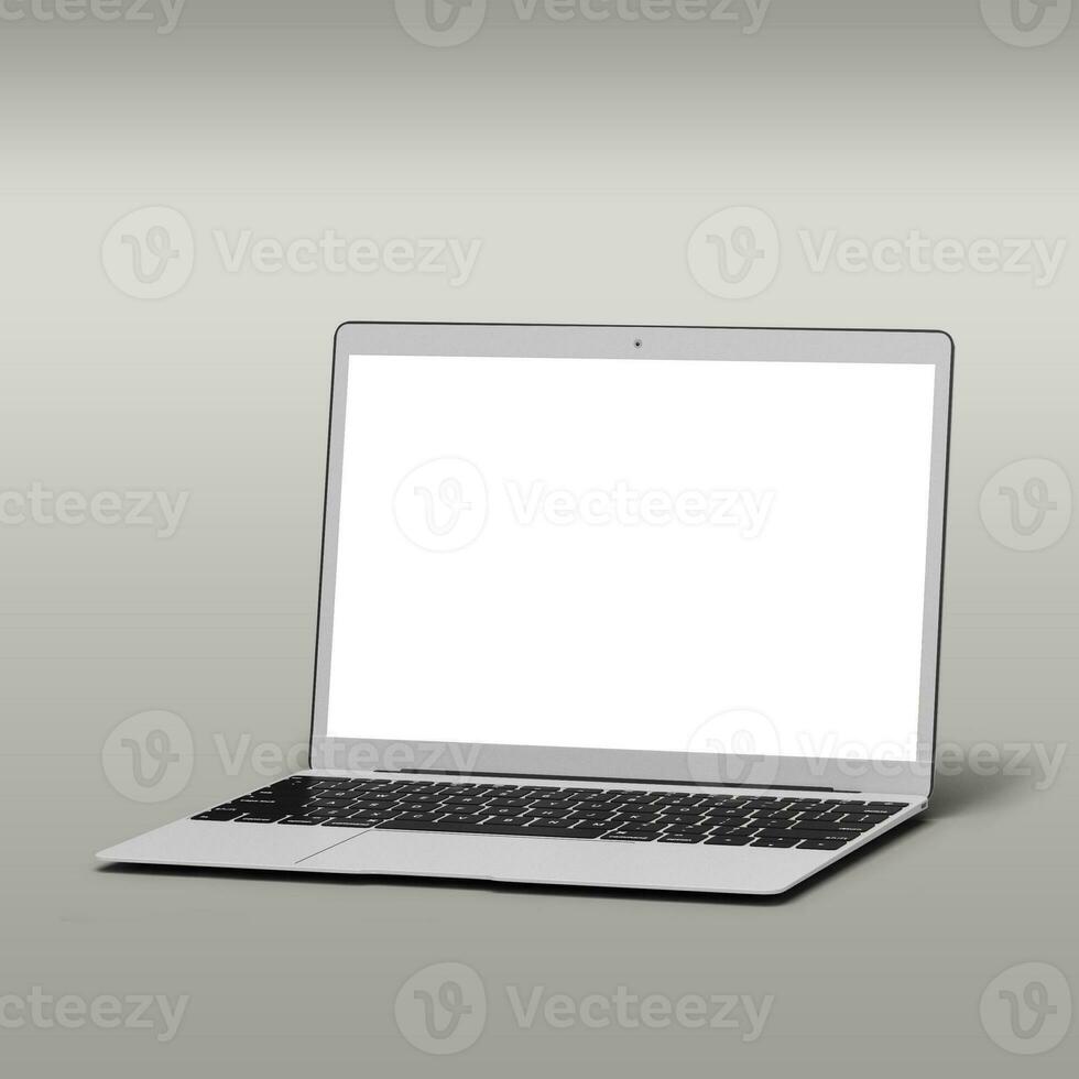 Blank white laptop screen for mockup project isolated on grey background. photo