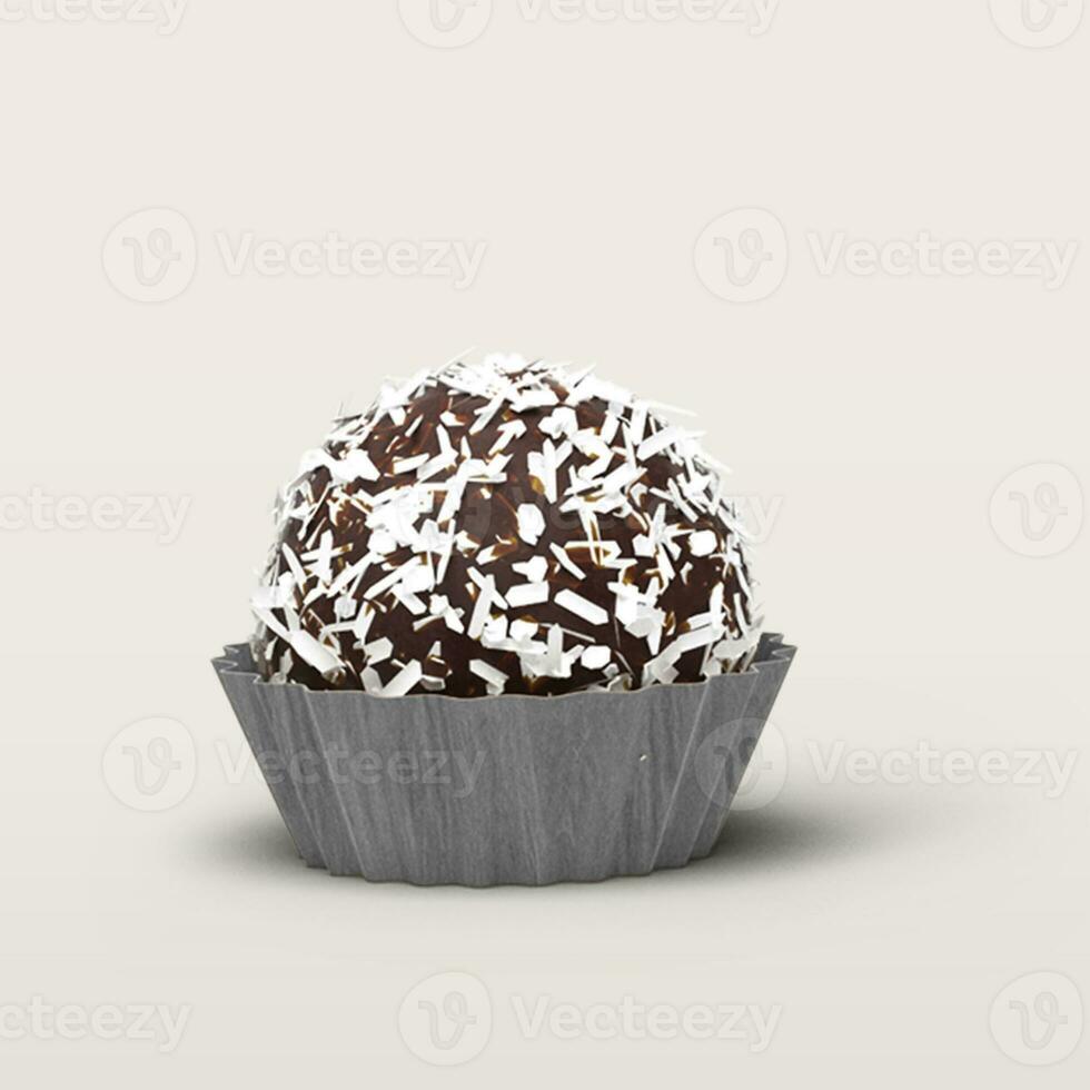 Chocolate candy on paper cup isolated on white background. photo