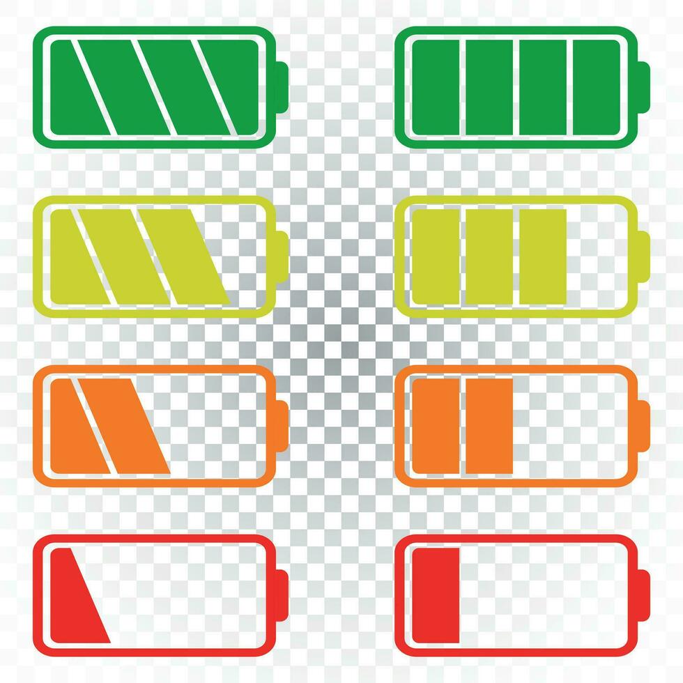 vector de icono de batería establecido en un fondo aislado. símbolos de nivel de carga de la batería, lleno y bajo. el grado de ilustración de vector plano de energía de la batería.