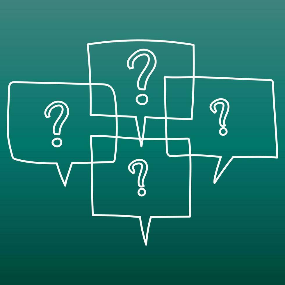 Question marks in thought bubbles. Hand drawn line art cartoon vector illustration on green background.