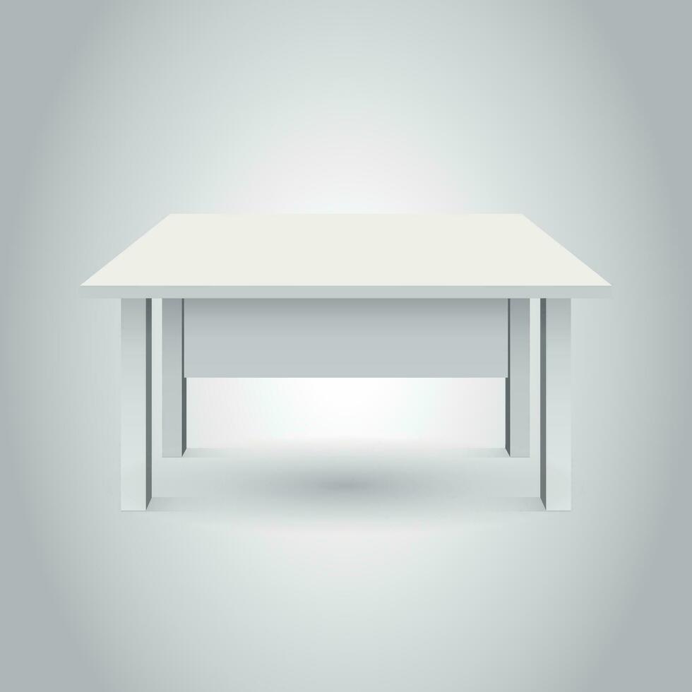 Vector 3d table for object presentation. Empty white top table isolated on gray background.