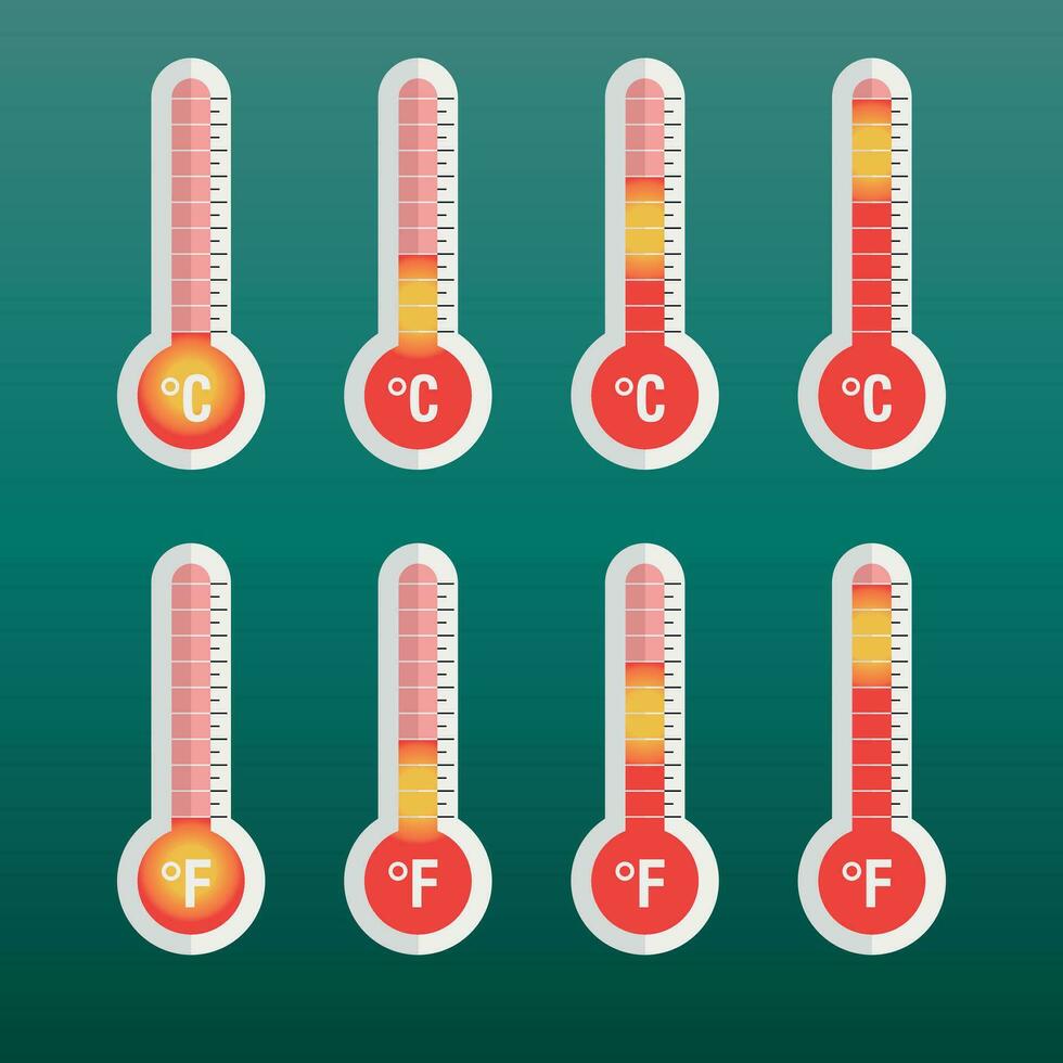 termómetros icono con diferente niveles plano vector ilustración en verde antecedentes.