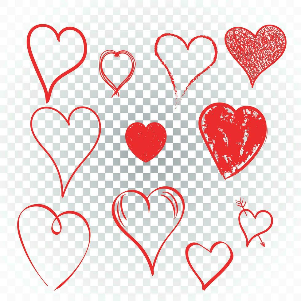 Hearts icon set. Love hand drawn vector illustration on isolated background.