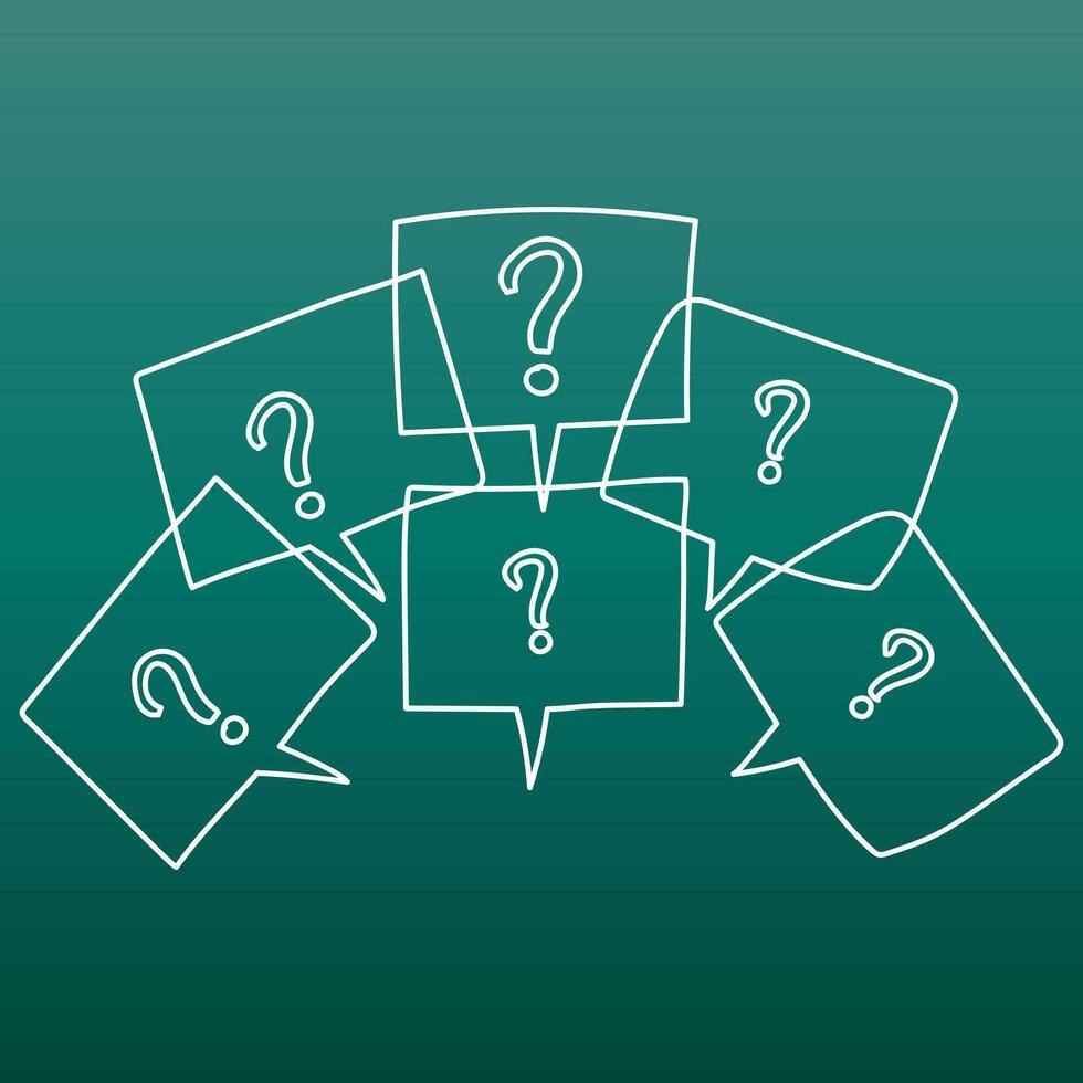 Question marks in thought bubbles. Hand drawn line art cartoon vector illustration on green background.