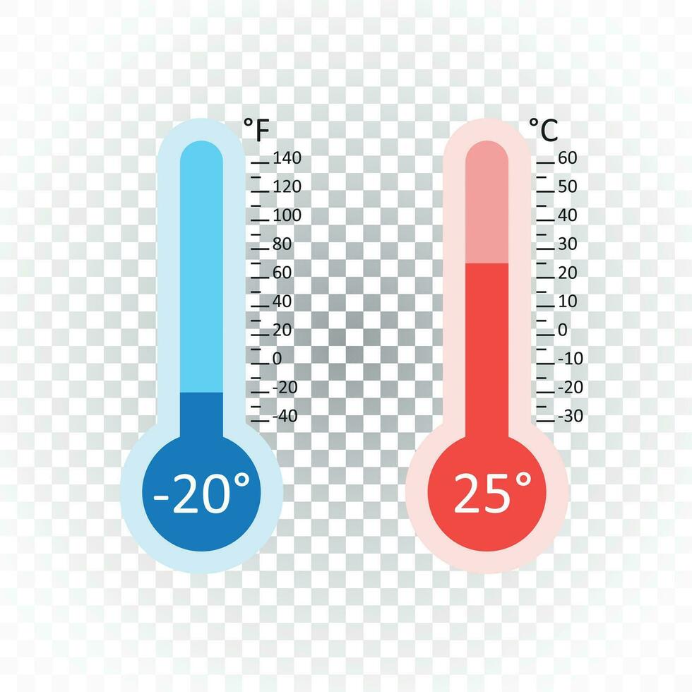 Celsius and Fahrenheit thermometers icon with different levels. Flat vector illustration on isolated background.