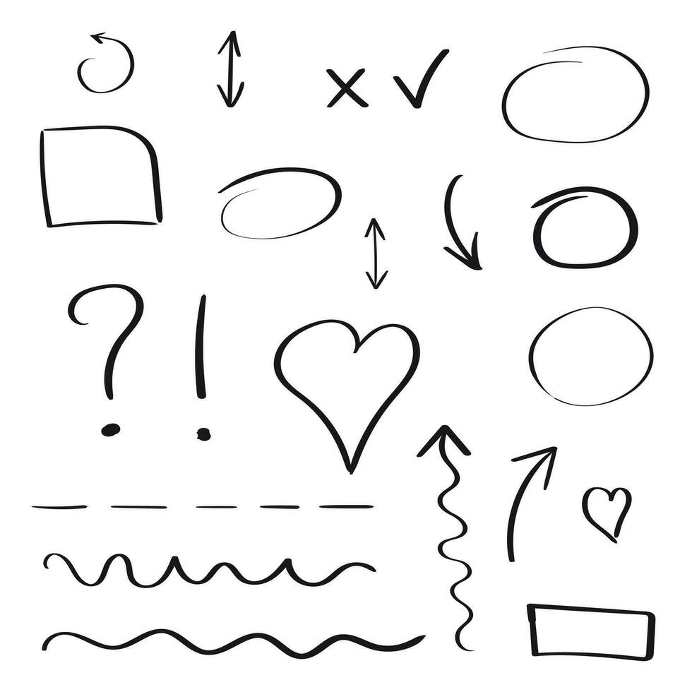mano dibujado flechas y círculos icono colocar. colección de lápiz bosquejo simbolos vector ilustración en blanco antecedentes.