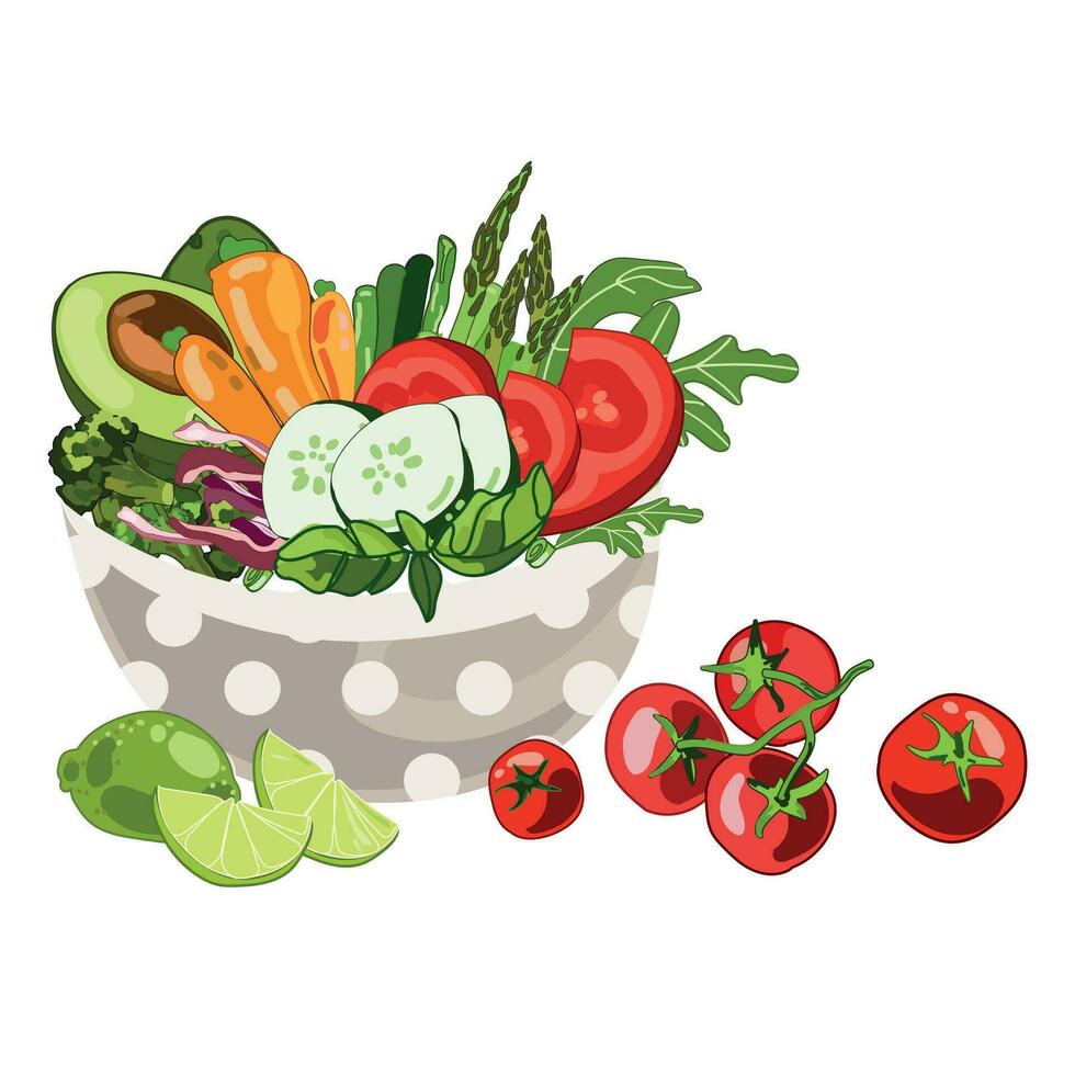 Vegetables and fruits bowl vector illustration isolated on white background.Vegetarian and vegan food concept.Organic fresh vegetables in a bowl hand drawn. Vegetarian dish. Health food