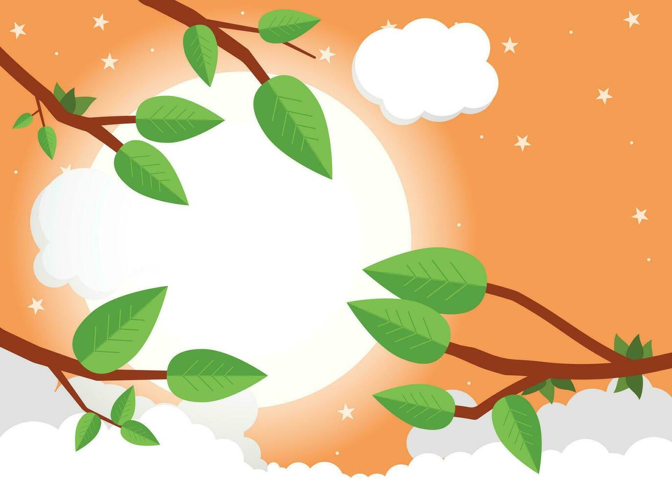 Cartoon sunset with clouds. Flat vector illustration, trees, leaf and sun.