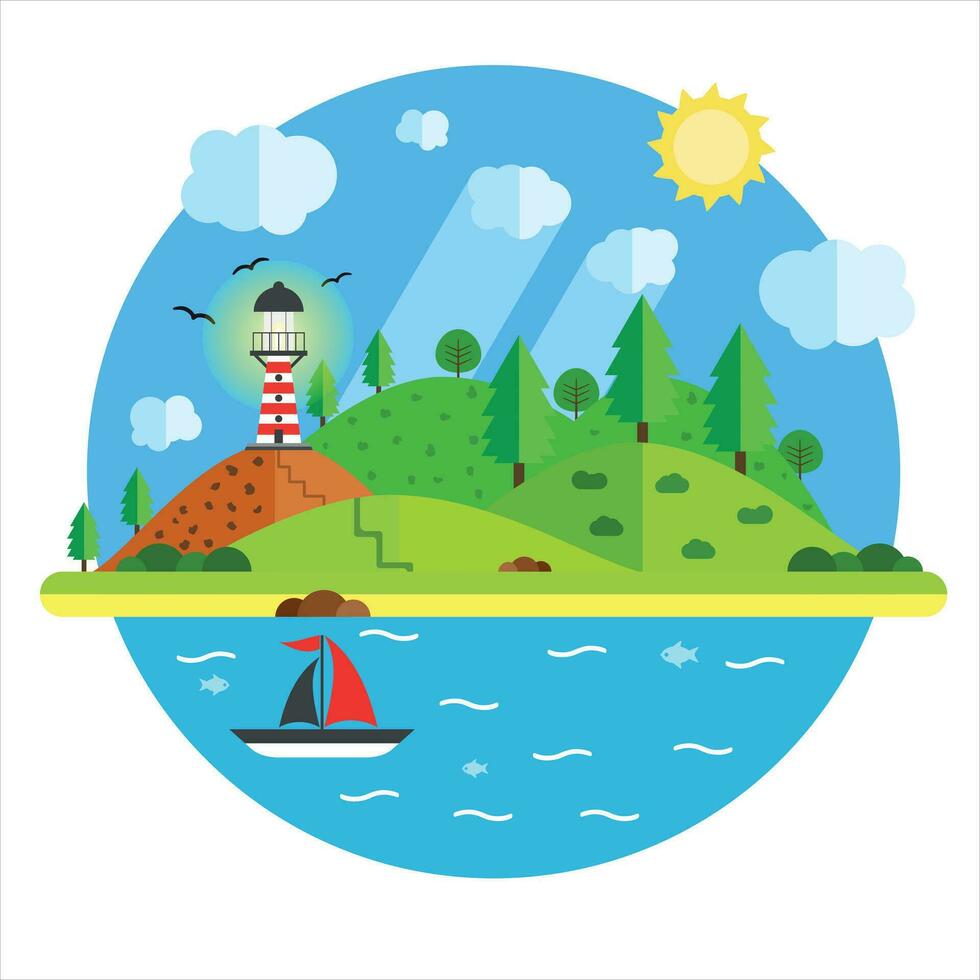 Vacation in the sea with lighthouse, hill, tree, mountain, fish and sailing ship. Summer time holiday voyage concept. Illustration in flat style. Travel background. vector