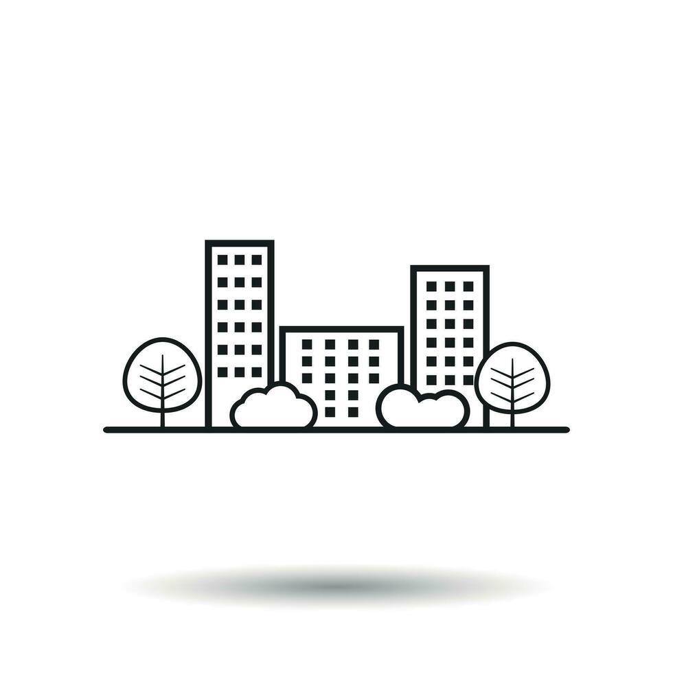 Vector city illustration in flat style. Building, tree and shrub on white background