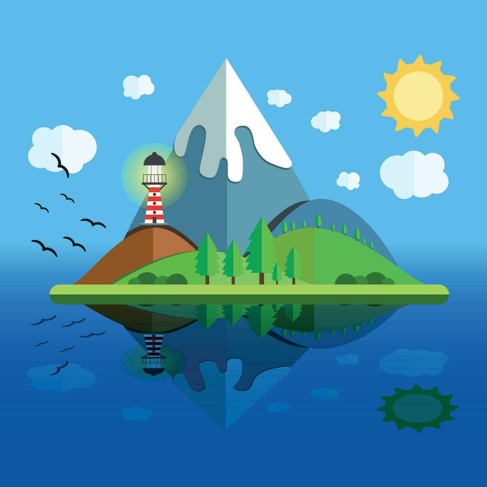 Paradise Island with mountain, hill, tree and birds. Summer time holiday voyage concept. Illustration in flat style. Travel background. vector