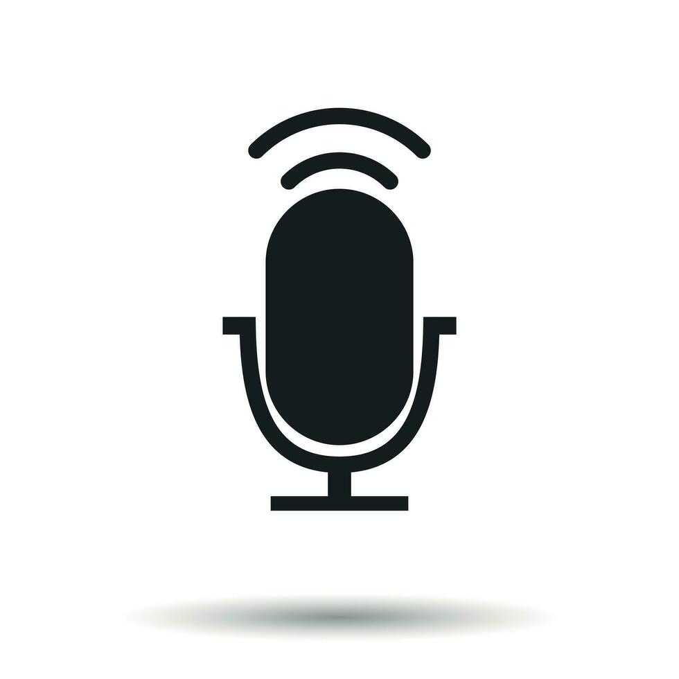 Microphone icon. Flat vector illustration. Microphone sign symbol with shadow on white background.