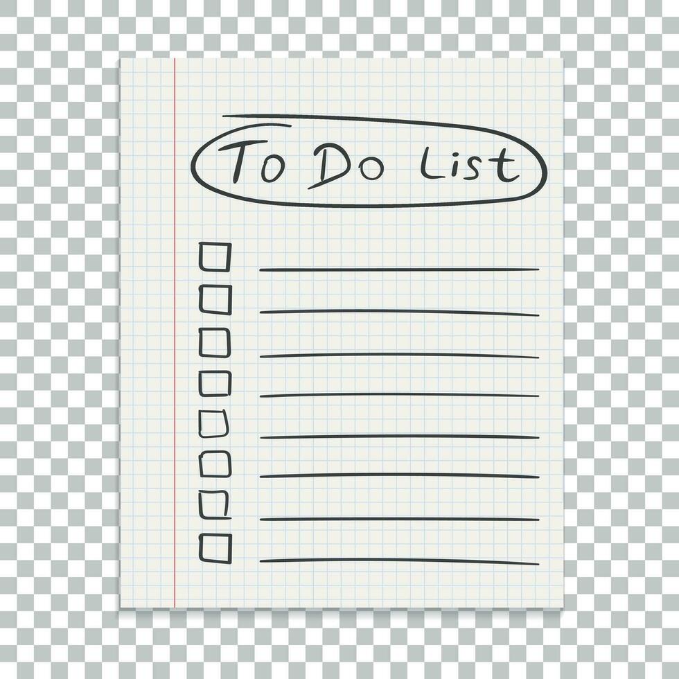 Realistic paper note. To do list icon with hand drawn text. School business diary. Office stationery notebook on isolated background vector