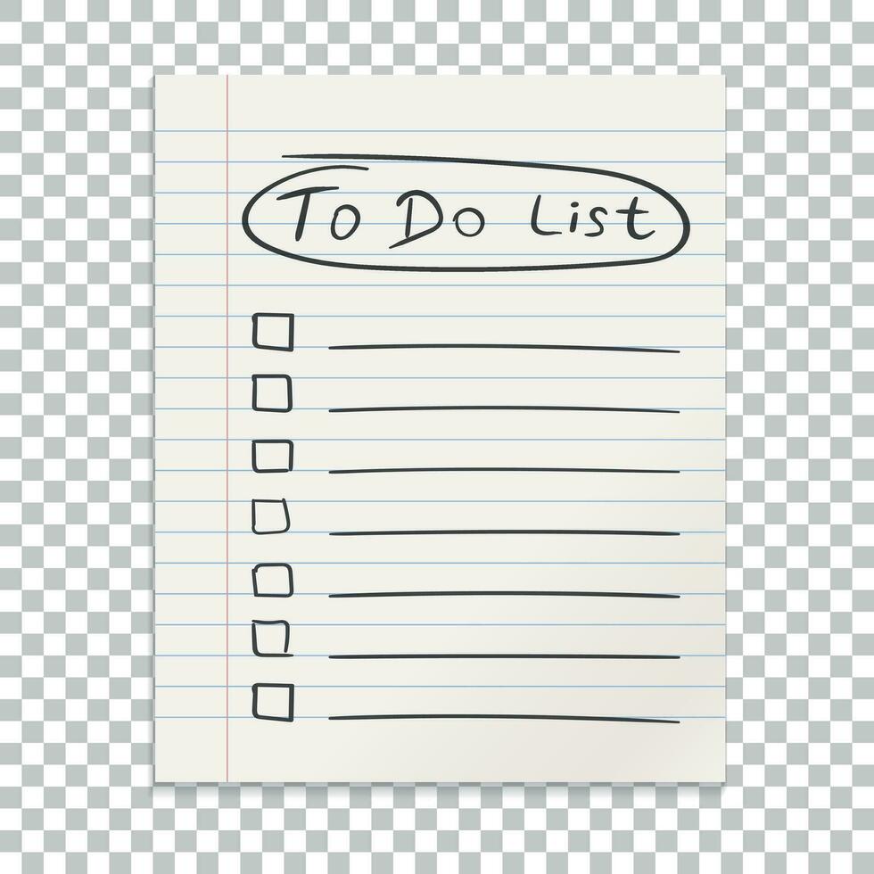 Realistic line paper note. To do list icon with hand drawn text. School business diary. Office stationery notebook on isolated background vector