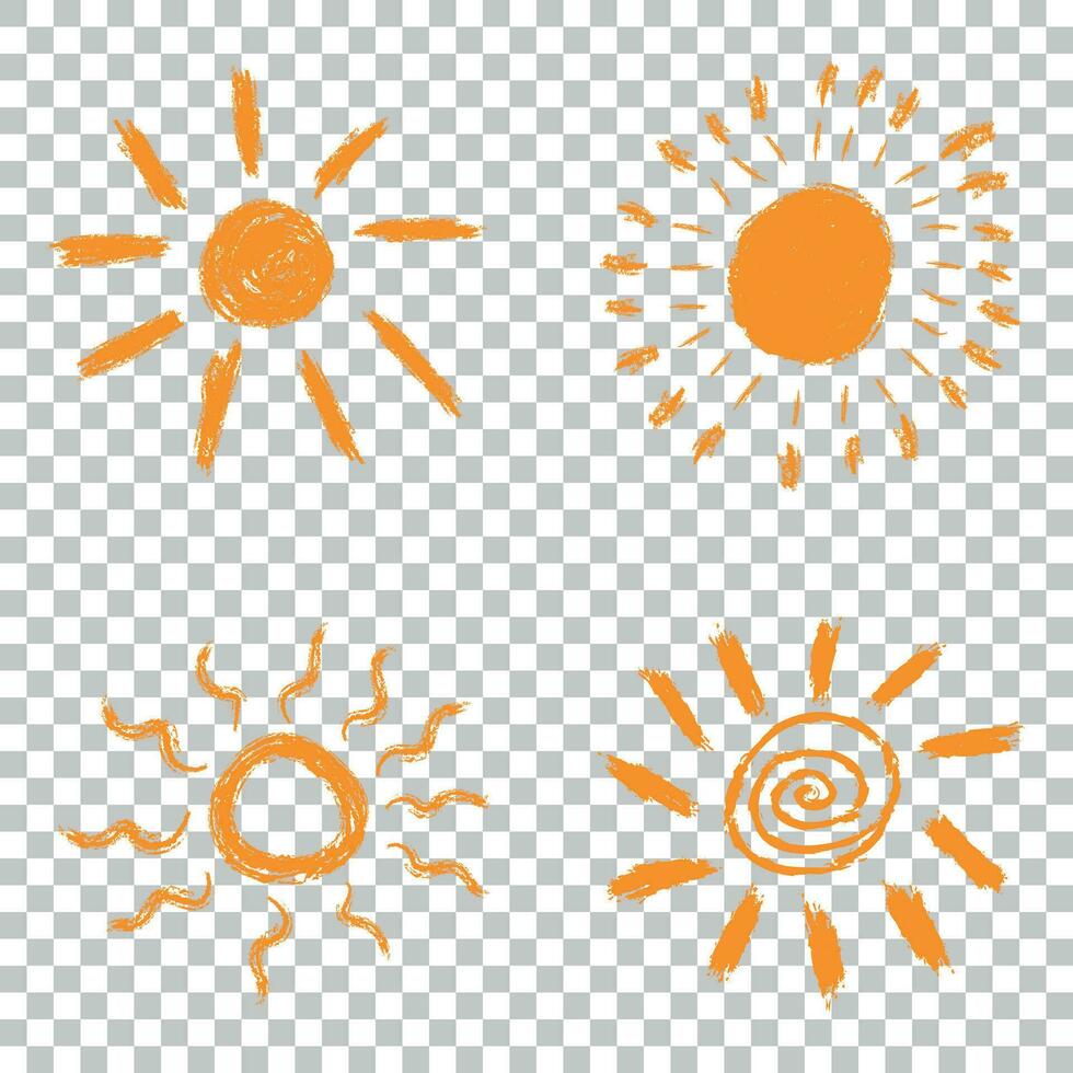 Set of hand drawn chalk sun icons. Vector illustration on isolated background.