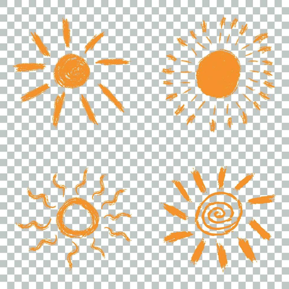 Set of hand drawn chalk sun icons. Vector illustration on isolated background.