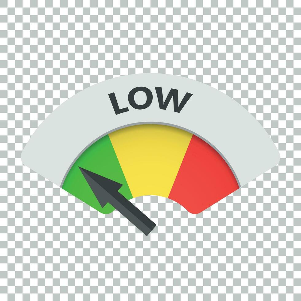 Low level risk gauge vector icon. Low fuel illustration on isolated background.