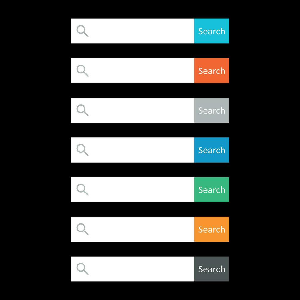 Search bar field. Set vector interface elements with search button. Flat vector illustration on black background.