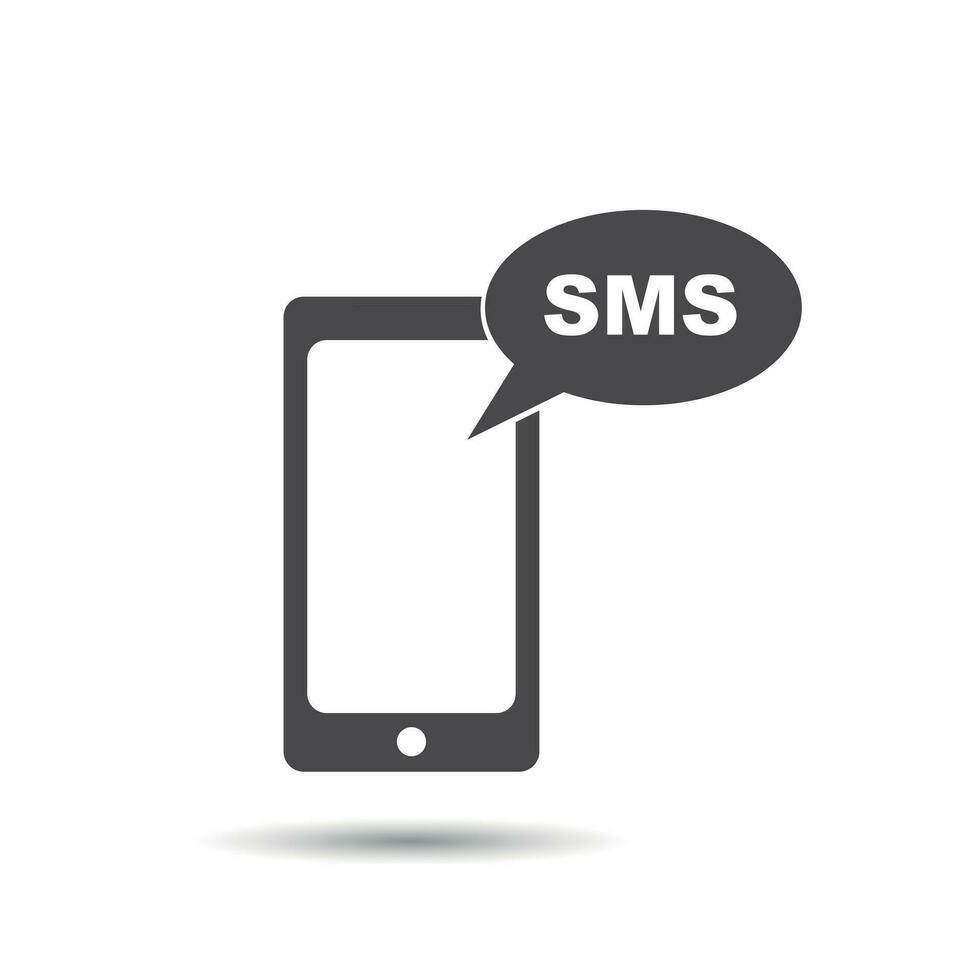 Smartphone with sms message icon. Flat vector illustration. Mobile phone sign symbol with shadow on white background.