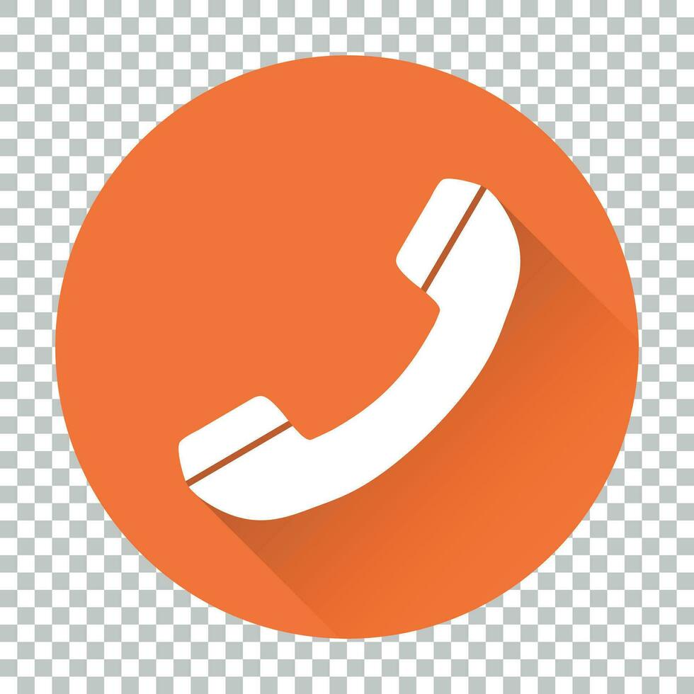 Phone icon vector, contact, support service sign isolated on round orange background with long shadow. Telephone, communication icon in flat style. vector