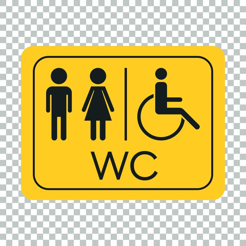 WC, toilet vector icon . Men and women sign for restroom on yellow board.