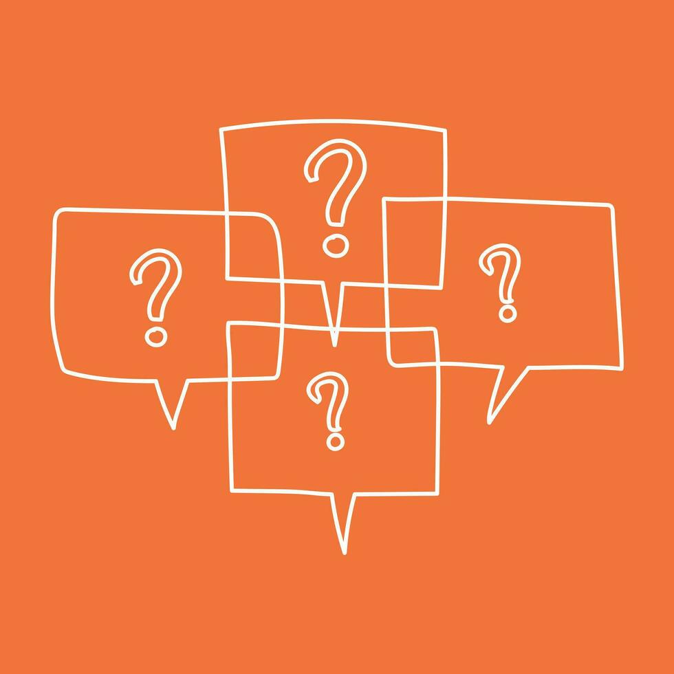 Question marks in thought bubbles. Hand drawn line art cartoon vector illustration on orange background.