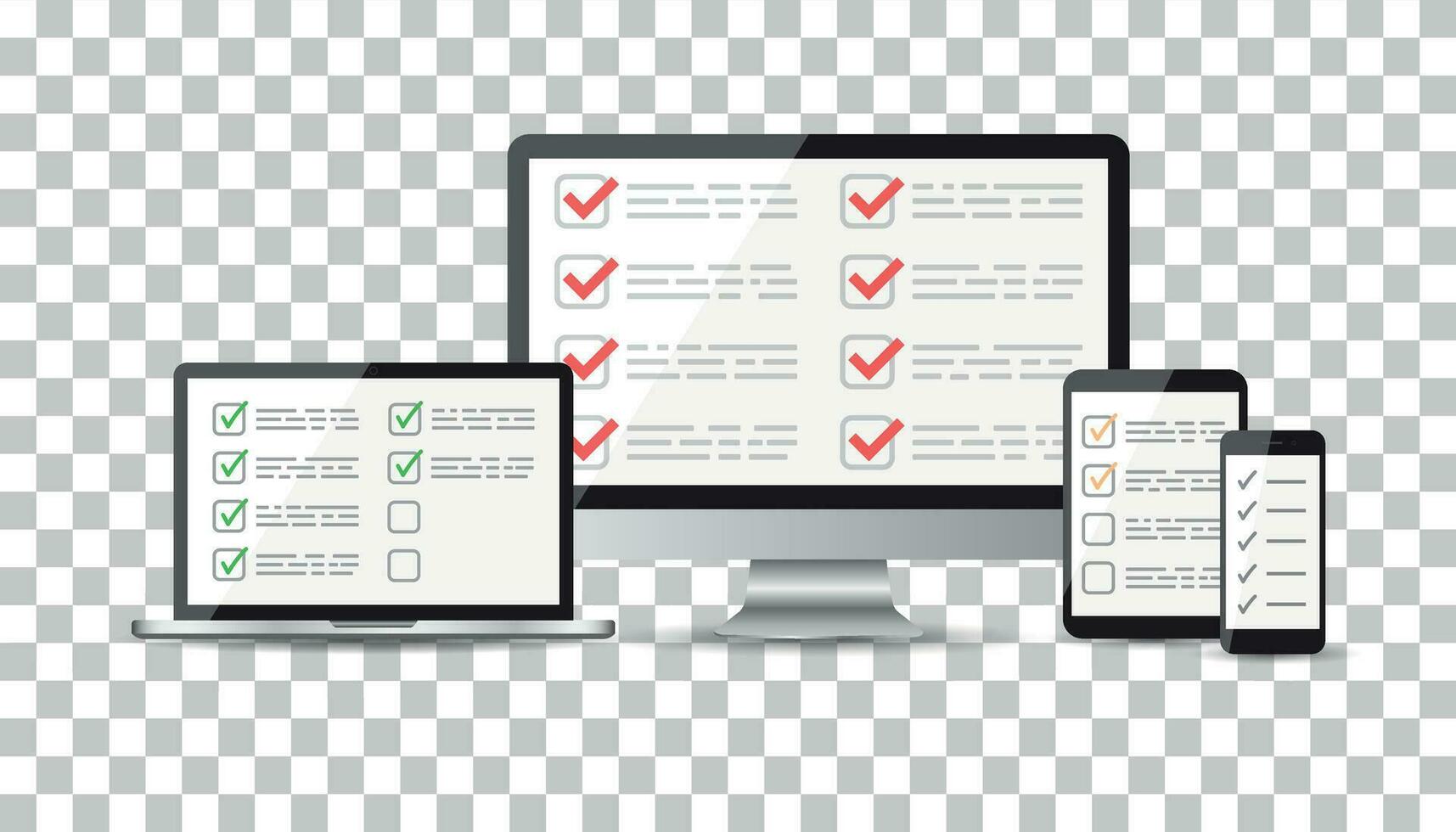 Online survey, checklist set. Tablet, computer, mobile blank screen. Feedback business concept. Flat vector illustration for web site, mobile app.