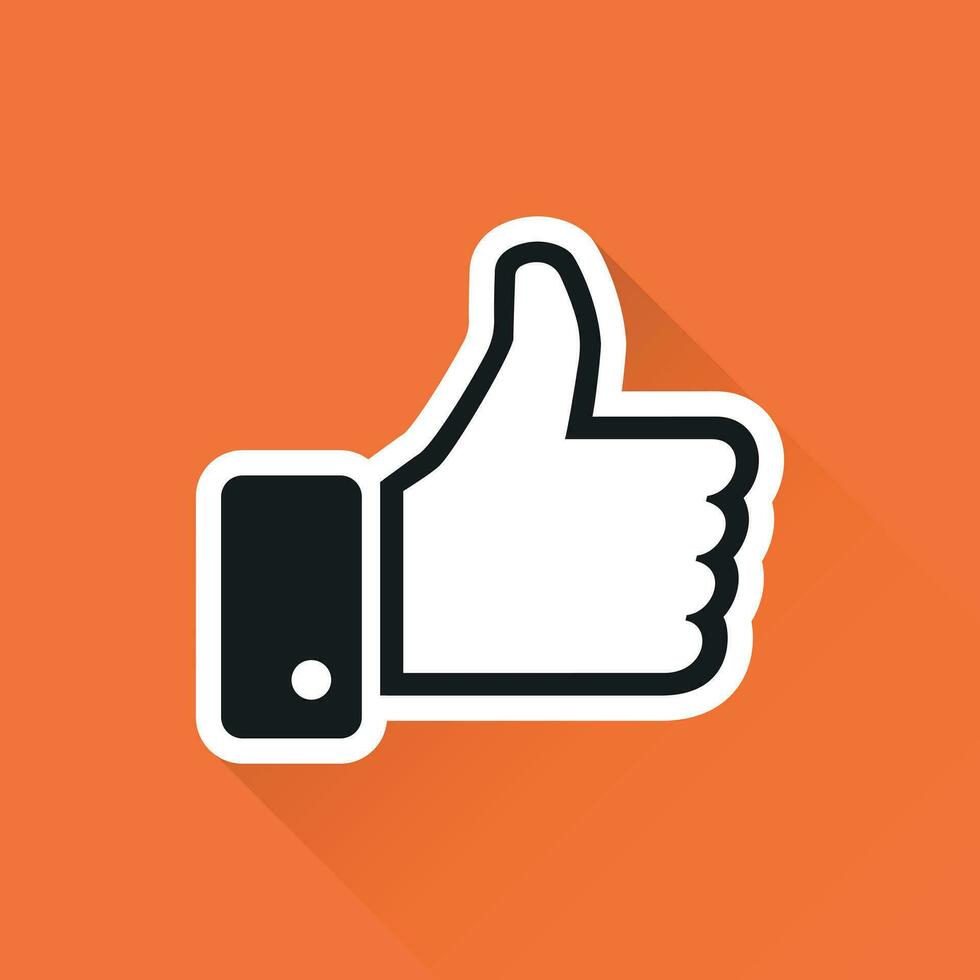 Like icon vector illustration in flat style isolated on orange background with long shadow. Thumb up symbol for web site design, logo, app, ui.