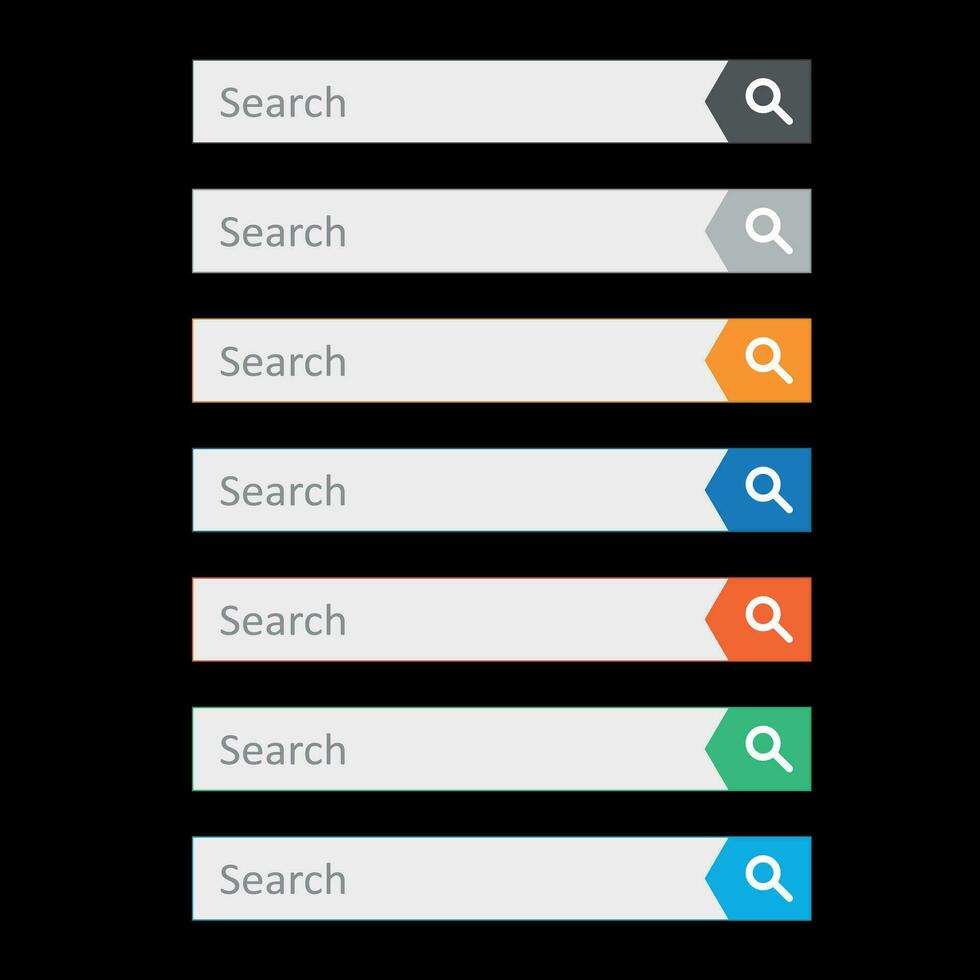 Search bar field. Set vector interface elements with search button. Flat vector illustration on black background.