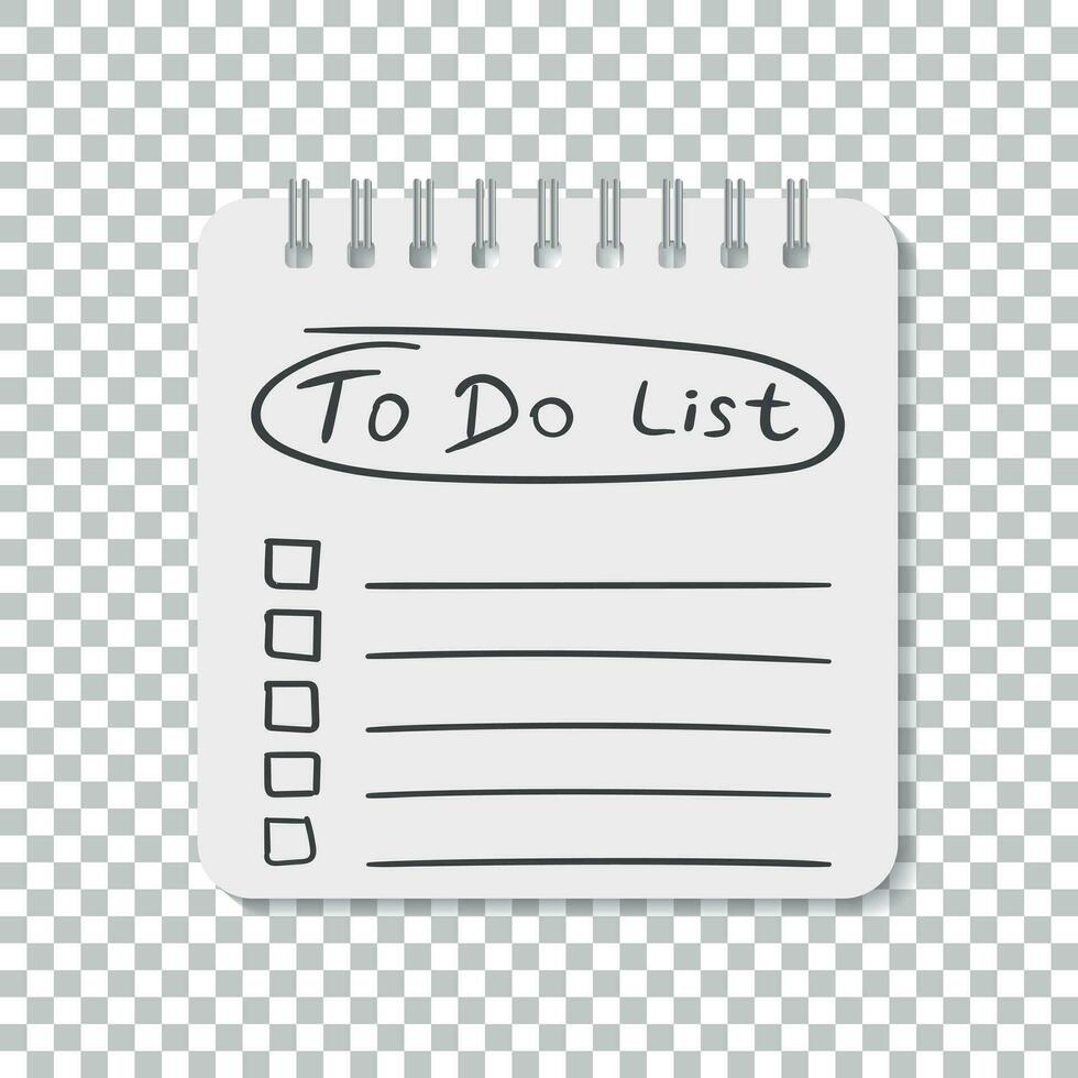 Realistic notepad with spiral. To do list icon with hand drawn text. School business diary. Office stationery notebook on isolated background vector