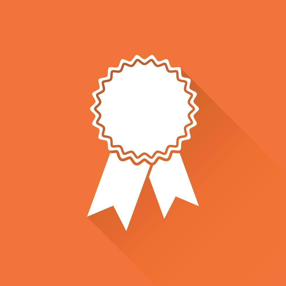 Badge with ribbon icon. Vector illustration in flat style on orange background with long shadow.