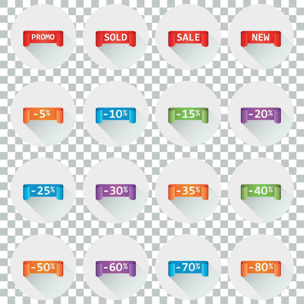 Set of colorful sale tag labels. Discount up to 5 - 80 percent. Shopping vector illustration on isolated background with long shadow.