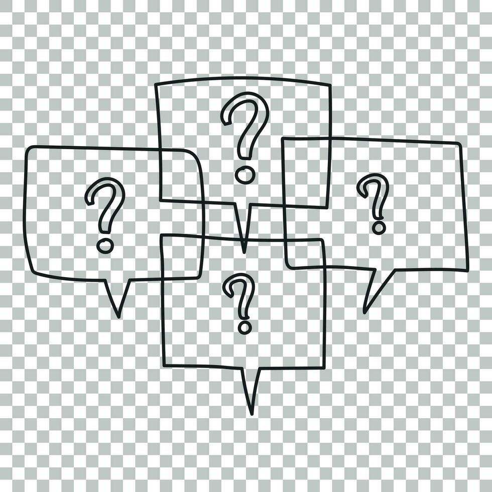 Question marks in thought bubbles. Hand drawn line art cartoon vector illustration on isolated background.