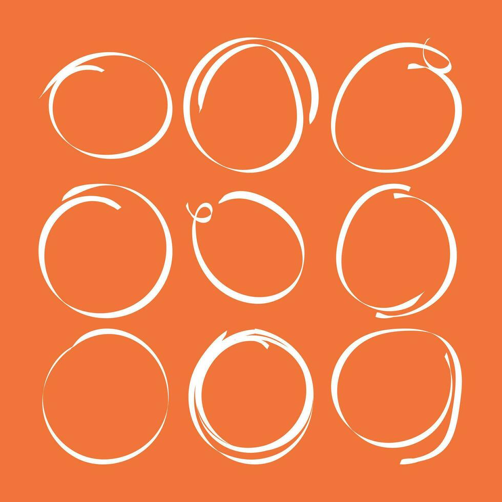 Set of the hand drawn scribble circles. Vector element. Illustration on orange background.