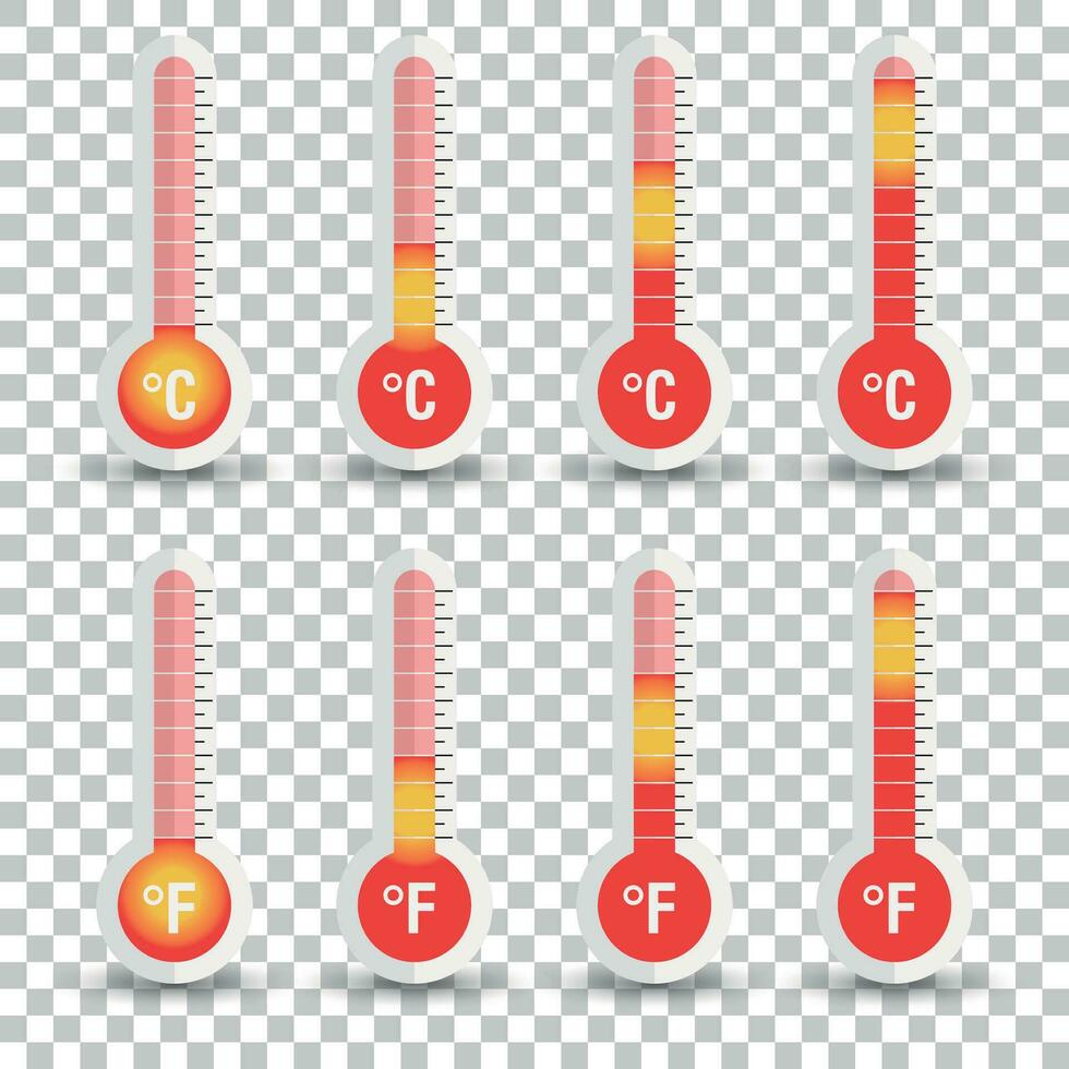 Celsius and Fahrenheit thermometers icon with different levels. Flat vector illustration isolated on isolated background.