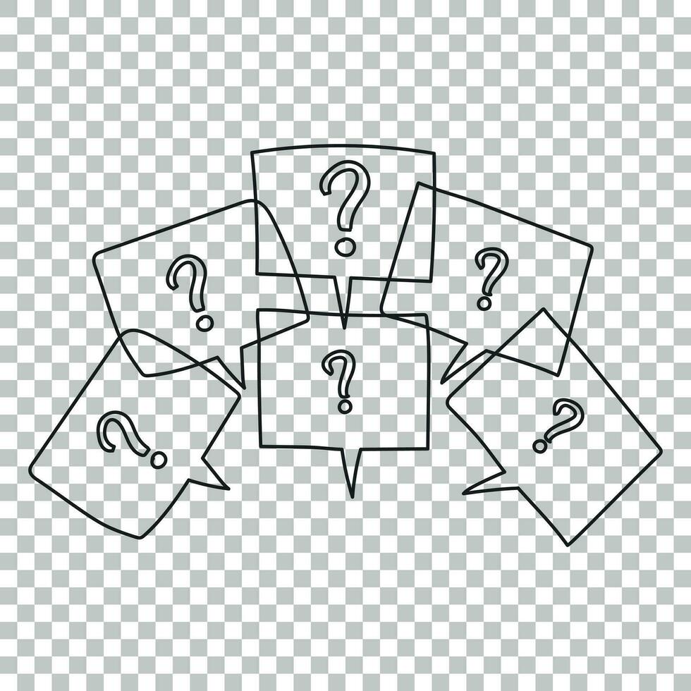 Question marks in thought bubbles. Hand drawn line art cartoon vector illustration on isolated background.