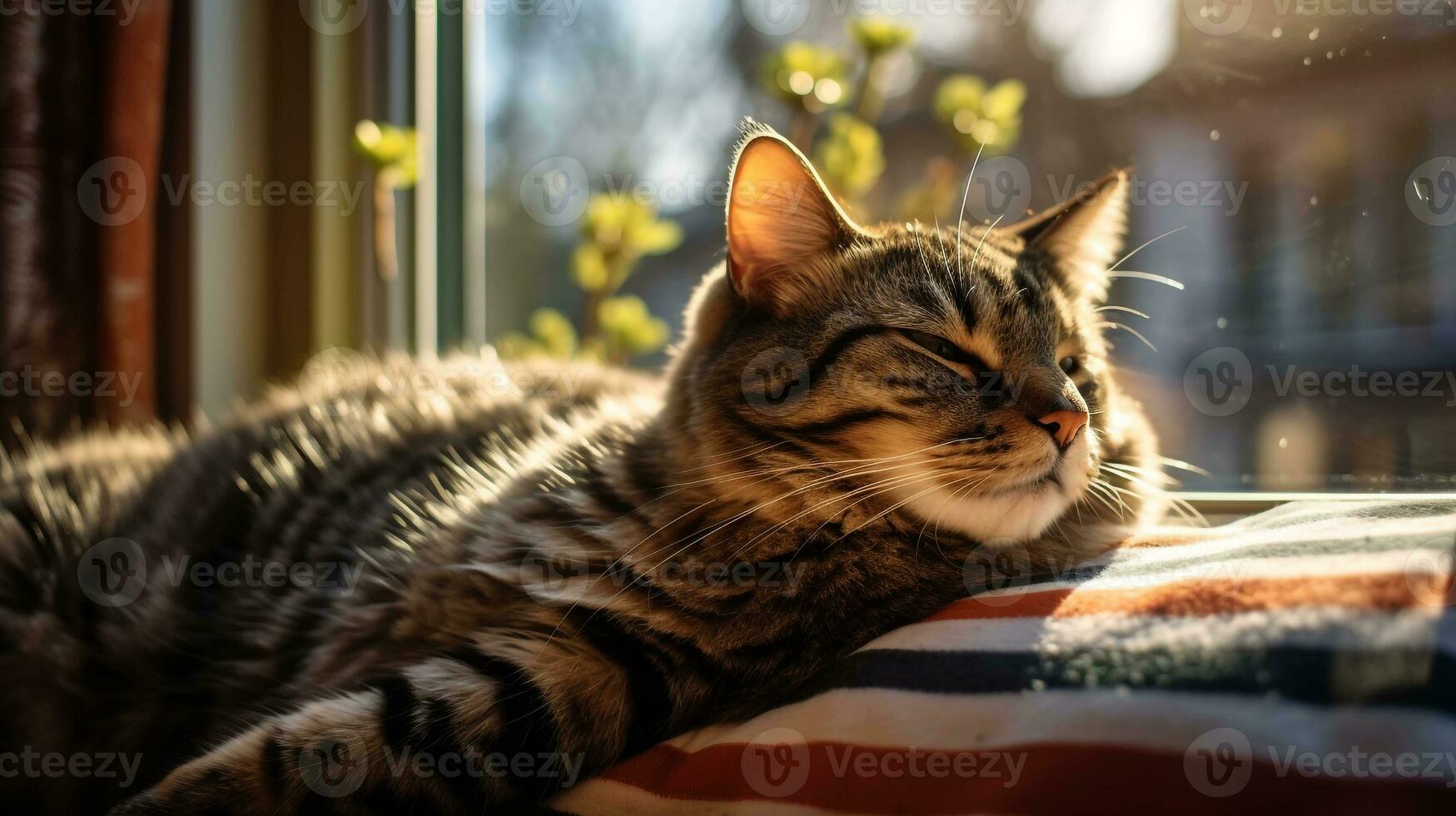 a contented cat lounging on a cozy window sill, AI-Generated photo