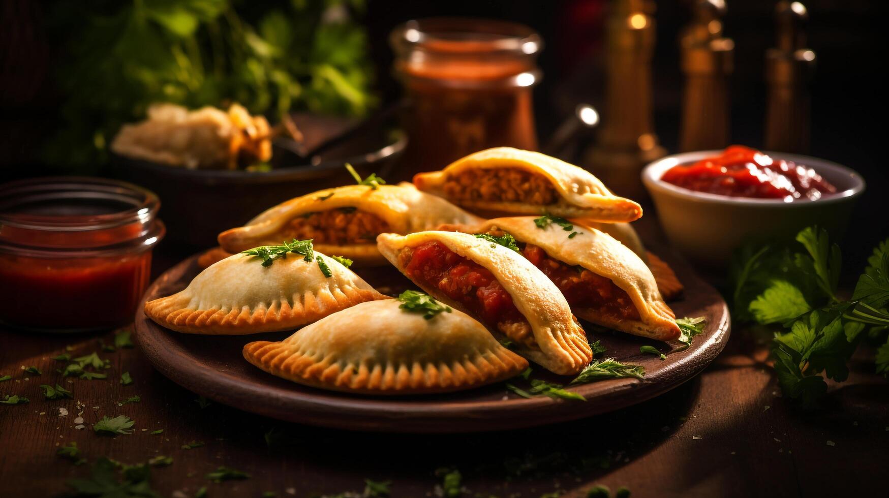 camarón con vegetariano empanadas adornado con hierbas y servido con un porción de salsa de tomate, generado por ai foto