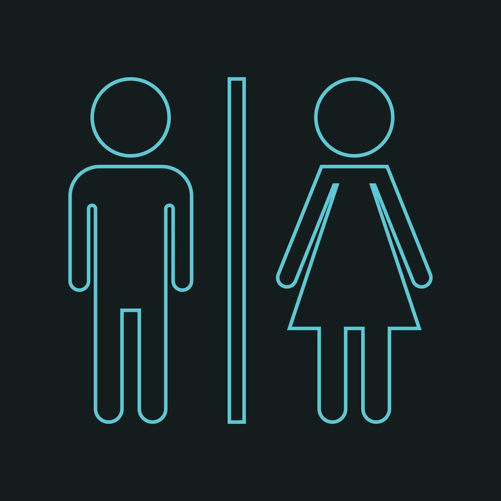 WC, toilet neon vector icon . Men and women sign for restroom on black background.