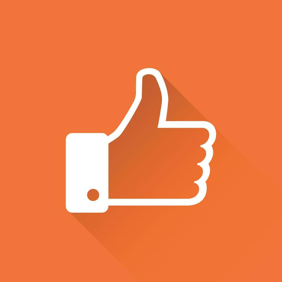 Like icon vector illustration in flat style isolated on orange background with long shadow. Thumb up symbol for web site design, logo, app, ui.