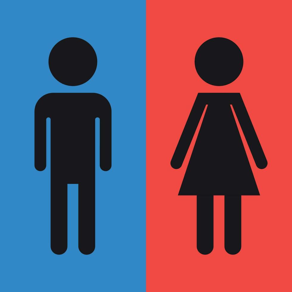 WC, baño plano vector icono . hombres y mujer firmar para Area de aseo en azul y rojo antecedentes.