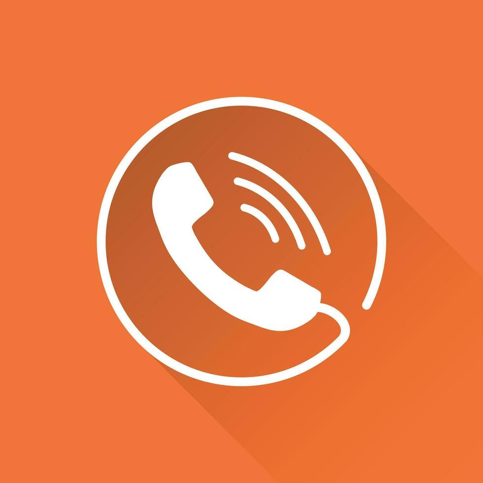 Phone icon vector, contact, support service sign isolated on round orange background with long shadow. Telephone, communication icon in flat style. vector