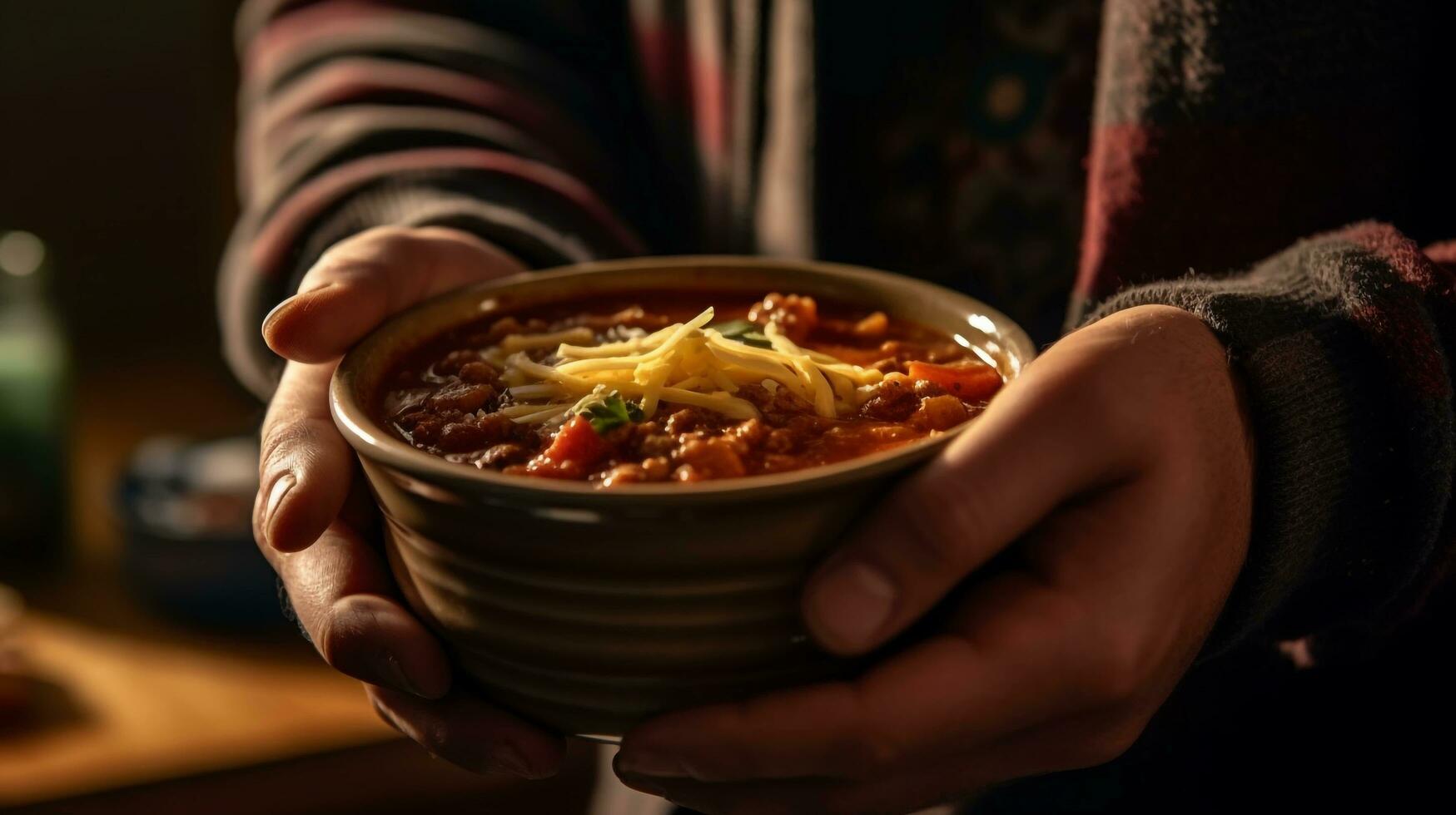 Enjoying a hearty bowl of homemade chili packed with beans, on a cozy evening at home, AI-Generated photo