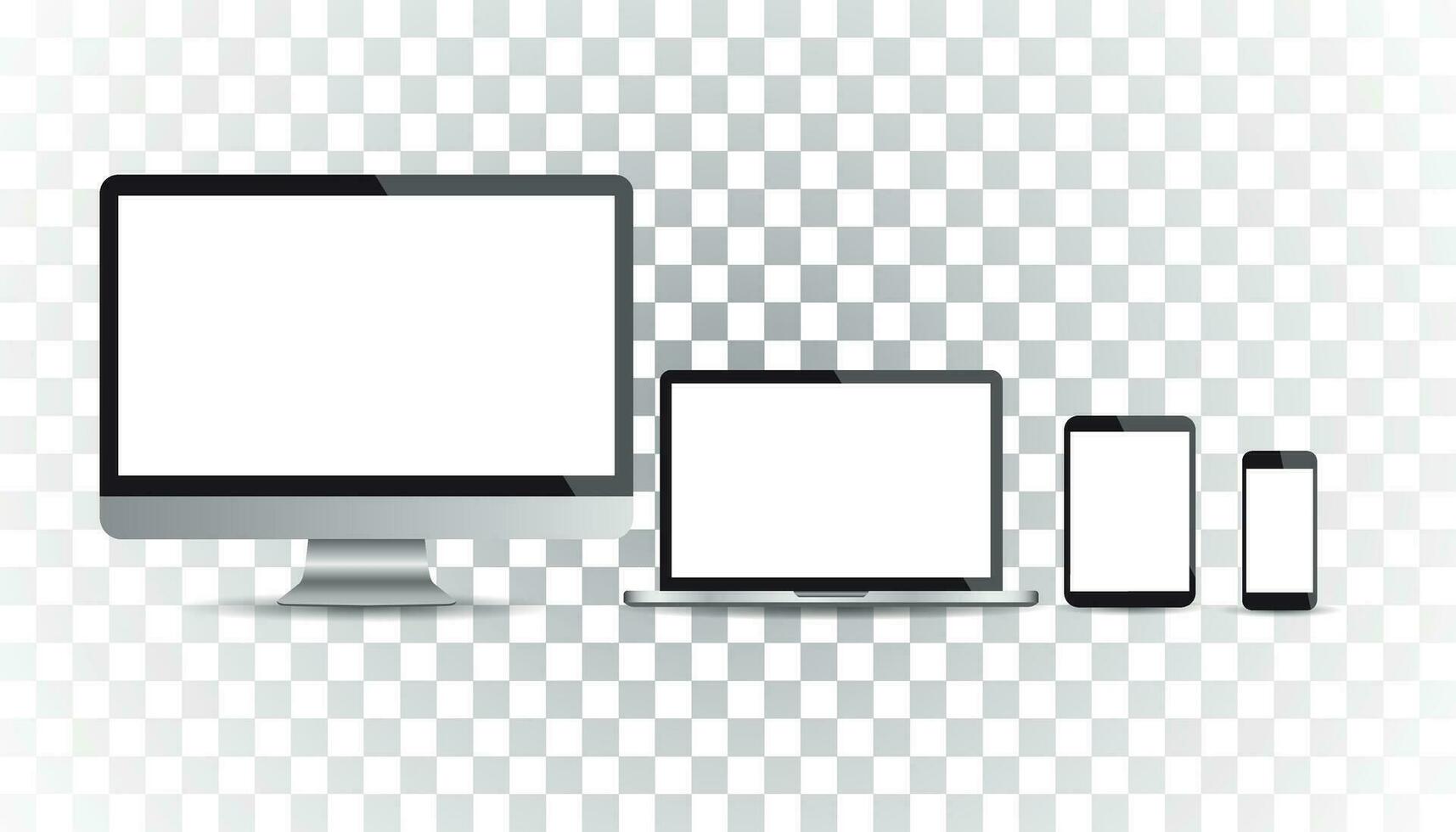 realista dispositivo plano íconos teléfono inteligente, tableta, ordenador portátil y escritorio computadora. vector ilustración