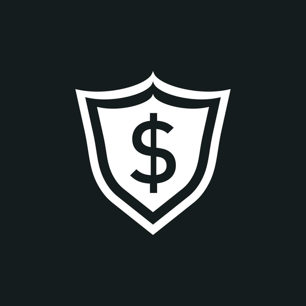 Shield with dollar money. Protection money vector icon on black background.